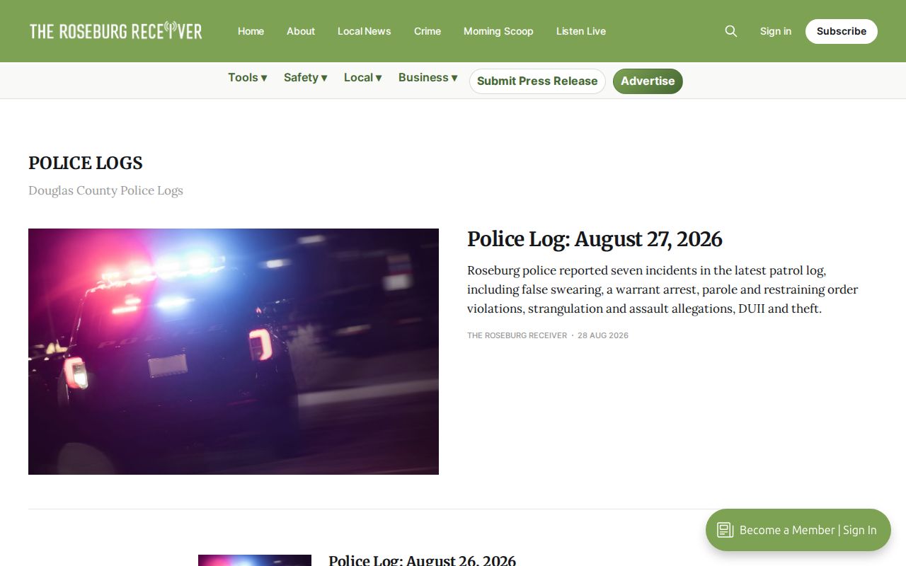 Douglas County Roseburg police log news source
